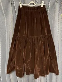 ブラウン ベルベット プリーツロングスカート　ベロアスカート　台形バブルスカート