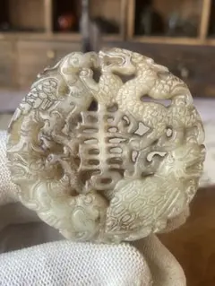 古美術 龍鳳彫刻 竜（龍）透かし彫り 玉佩 砡 彫刻 ペンダントトップ