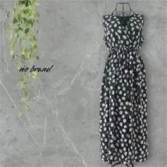 ノースリーブ　花柄　ロング　ワンピース　Aライン　フレア　ギャザー　ブラック