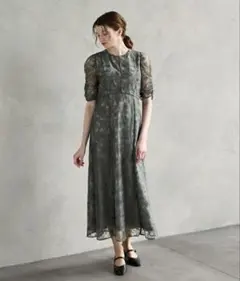 【AIMER 】エンブロイダリーチュールパイピングドレス　グリーン　M