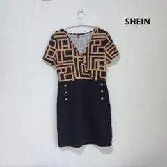 SHEIN 幾何学模様 半袖ワンピース 　ミニ　タイト　M　ベージュ　黒