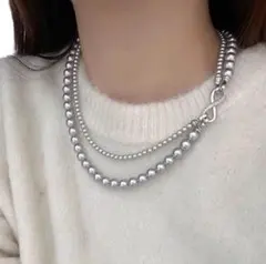 パール ２連 ネックレス 4way 8mm 冠婚葬祭 セレモニー シルバーグレー