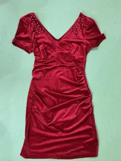 赤 ビジュー付き Vネックタイトドレス キャバ嬢ドレス