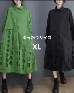 グリーン シャツワンピース　長袖ワンピース　ロングワンピース　緑　黒　ドット