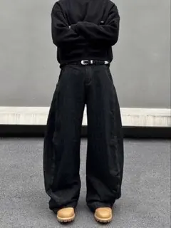 【GRANCY】バギーデニム ワイドパンツ ブラックy2k ストリート M 極太 バギーデニム ブラック M ワイドパンツ 韓国 ストリート Y2K