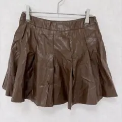 フェイクレザー プリーツ ミニスカート キュロット ショートパンツ 茶 S