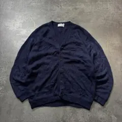90s USA製アクリルニットカーディガン茄子紺ネイビー短丈ヴィンテージ古着