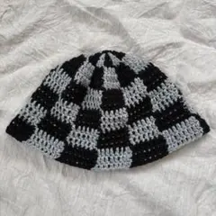 クラッシャーハット　ブラック×グレー　チェッカー　ニット帽