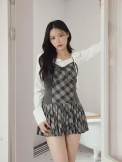 BUBBLES ミックスチェックキャミワンピース アシンメトリーリボンシャツ