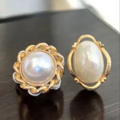 【アシメ ハンドメイド 一点物】ヴィンテージボタン パールデザインピアス