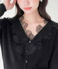 新品　襟レース　ニットカーディガン　ブラック　レディース