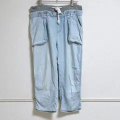 レース デニム風 パンツ L 青 クロップド丈 ゆったり カジュアルのサムネイル