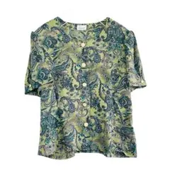 日本製 ヴィンテージ ペイズリー柄 半袖シャツブラウス 襟なし M 緑 レトロ