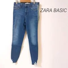 2.02 ザラ スキニーデニム サイドストライプ ダメージ加工パンツ ロゴボタン