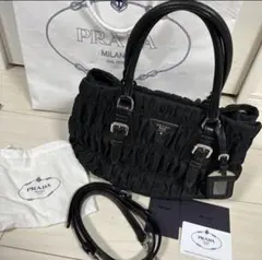 Y2212 美品 プラダ ナイロン×レザー ギャザー ショルダーバッグハンド 