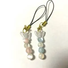 【ハンドメイド】蝶々、パール（ピンク/ブルー）ストラップセット