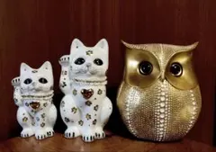 招き猫　ゴールド３点　ロイヤルポーセリン＆ゴールドフクロウ　美品