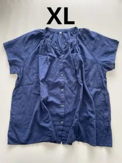 無印良品　婦人　強撚ボイル　フレンチスリーブ　ブラウス　ＸＬ　ネイビー