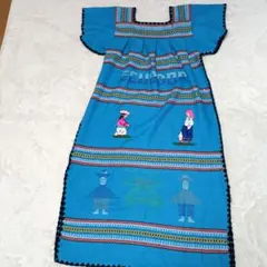 古着　vintage エクアドル　刺繍　ブルー　マキシ　ワンピース　ヴィンテージ