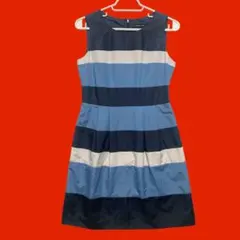 クイーンズコート ボーダー柄ノースリーブ膝丈ワンピース　青　水色　2 M