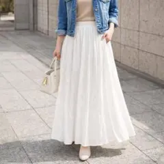 ミラオーウェン【0】ギャザーマキシスカート ウエストゴム ホワイト 裏地付き
