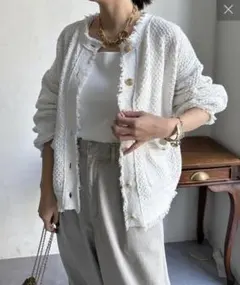 DOUDOU ツイードニットジャケット　ホワイト