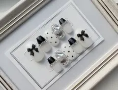 黒 ネイルチップ 白 春 リボン ドット 埋めつくし フレンチ ガーリー 韓国