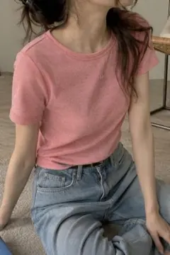 ヴィンテージ ストライプリブTシャツ ピンクレッド 半袖 フレンチガーリー 古着のサムネイル