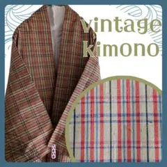ヴィンテージ◆着物　亜麻色　広衿　チェック柄　正絹　袷　節紬　昭和レトロ