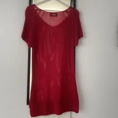 ♡Rady赤いニットワンピース 半袖 Vネック 透かし編み♡