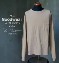 90sUSA製 Goodwear ベージュ 胸ポケ 長袖Tシャツ ポケT ロンT