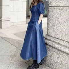 ZARA ザラ デニムロングワンピース スクエアネック パフスリーブ