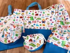 ハンドメイド　入学入園6点　白ピクセル×水色　ゲーム柄　男の子