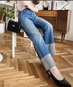 ロールアップデニムパンツLブルー