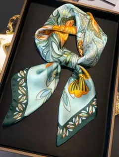 新品♥花柄シルク風スカーフストール青オレンジ正方形大判70cmコメント10%引き