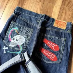 美品　00s RMC 豪華刺繍 ドクロ バギーデニム W38 極太 セルビッジのサムネイル