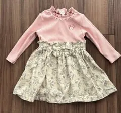 3can4on 長袖ワンピース　サイズ90 ピンク　花柄　ウエストリボン