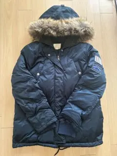 ネイビー ワッペンダウンジャケット ファー付き
