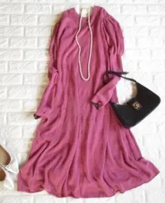 Ameriアメリ 春きれい色インナー付透かし編ニットロング配色ワンピース ピンク