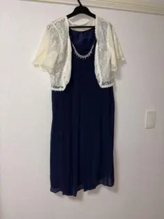 ネイビー ノースリーブ ワンピース レースカーディガン付き