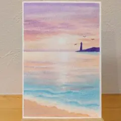 原画：ハガキサイズ】 夕日きらめく海 オイルパステル画 - メルカリ