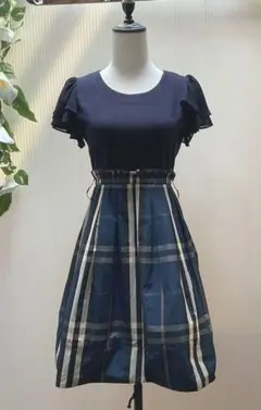 美品 М チェック柄　フレアー袖　異素材コンビ　膝丈ワンピース