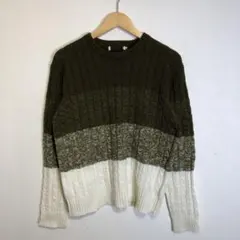 ケーブルニット カーキ×アイボリー 配色 切替 デザインニット レディースM