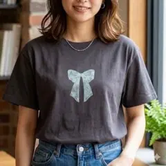 【美品】COLZA レースリボンプリント Tシャツ S チャコール綿 ハニーズ茶