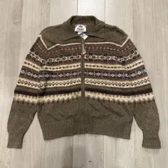 ジップアップ　ニット　セーター　襟付き　M 総柄　茶