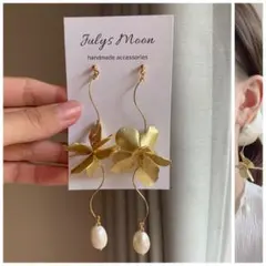 6430アンティークピアスイヤリングゴールド大ぶりフラワー淡水パールロングお花