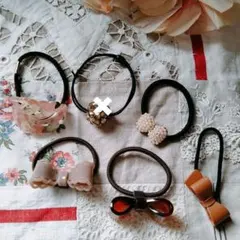 ヘアゴム/ポニー５個★リボン型 パール レザー ビジュー 和風 まとめ売り