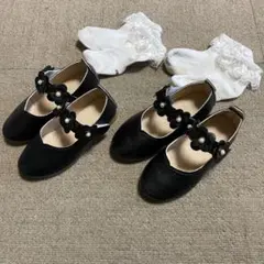 双子 2足セット フォーマルシューズ17cm 女の子　お花　黒　レースソックス付