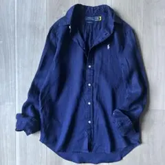 美品＊ポロラルフローレン 麻 リネンシャツ ゆったりS ネイビー 紺 ポニー刺繍