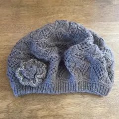 【09】レース編みブラウンニット帽 花モチーフ付き